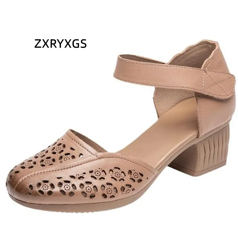 

ZXRYXGS Summe новые модные сандалии с круглым носком из натуральной кожи женские модные сандалии 2024 боковые открытые