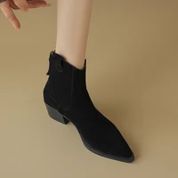 2025 Winter Classic Chelsea Boots for Woman Cow Suede Pointy Toe Wedge Heel Ankle Boots Simple Comfortable Cowboy Boots Female - Image 3