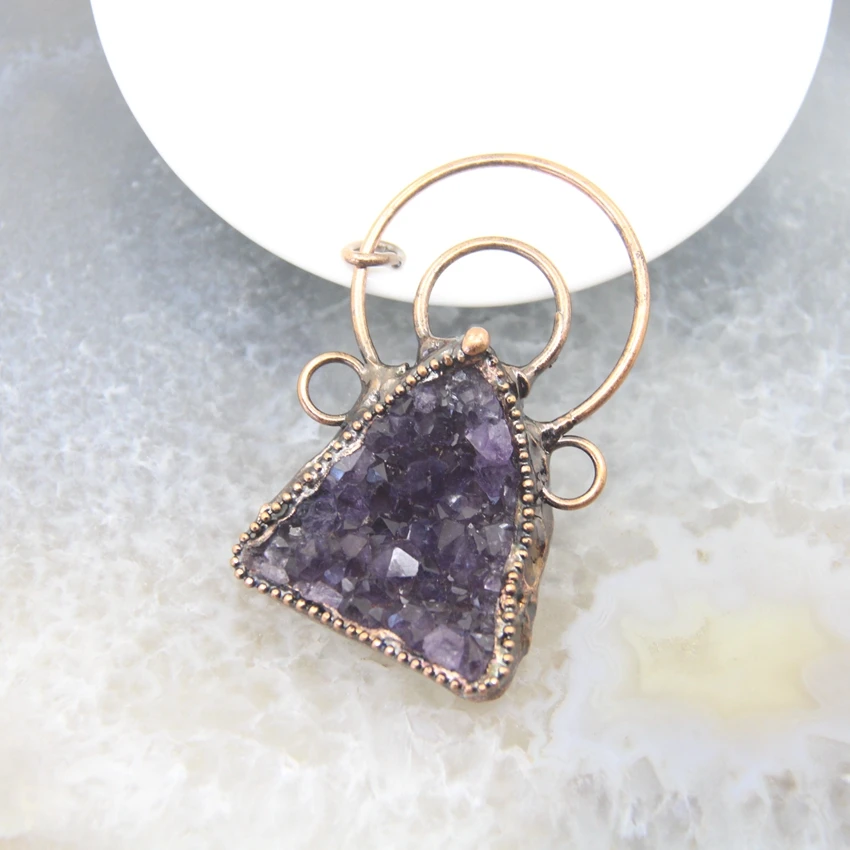 Large Amethysts Druzy Soldered Bronze Pendant,Bohemia Antique Copper Quartz Geode Charms Viintage Retro Necklace Jewelry Making