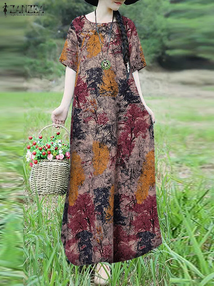 

ZANZEA Vintage Women Robe Cotton Bohemian 2024 Summer Retro Long Dresses Short Sleeve Hoilday Printed Midi Dress A-line Vestidos