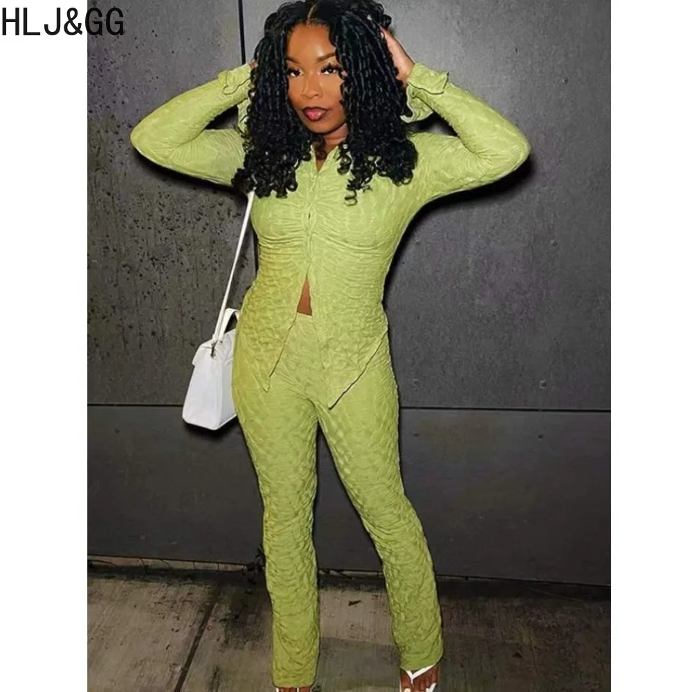 HLJ&GG Green Fashion Solid Color Ruched Design Two Piece Sets Women V Neck Button Long Sleeve Top And Skinny Pants Outfits 2024 2023 summer women s maternity nursing tops casual short sleeve side ruched pregnancy breastfeeding shirt solid pregnant top