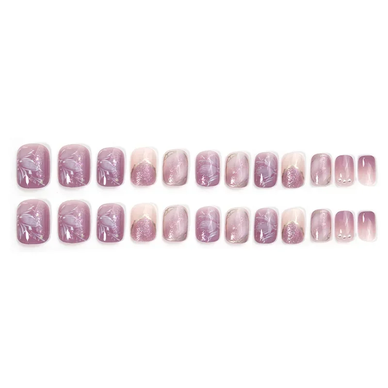 24Pcs Purple Short Round False Nails With Aurora Flower Design Detachable Korean Press On Nails Fake Acrylic Manicure Tips