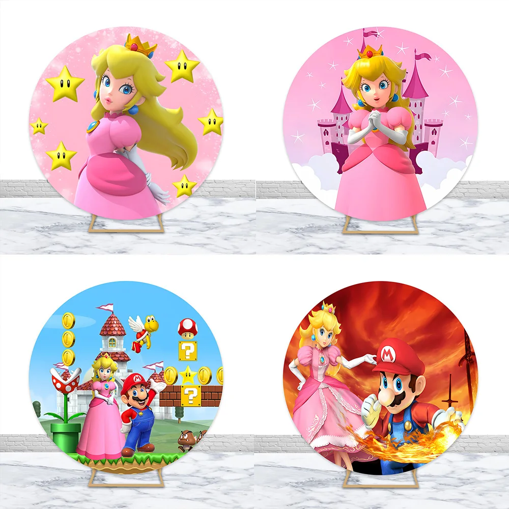 

Princess Peach Round Backdrop Cover Kids Birthday Party Decoration Baby Shower Mario Bros Pink Photography Background Props