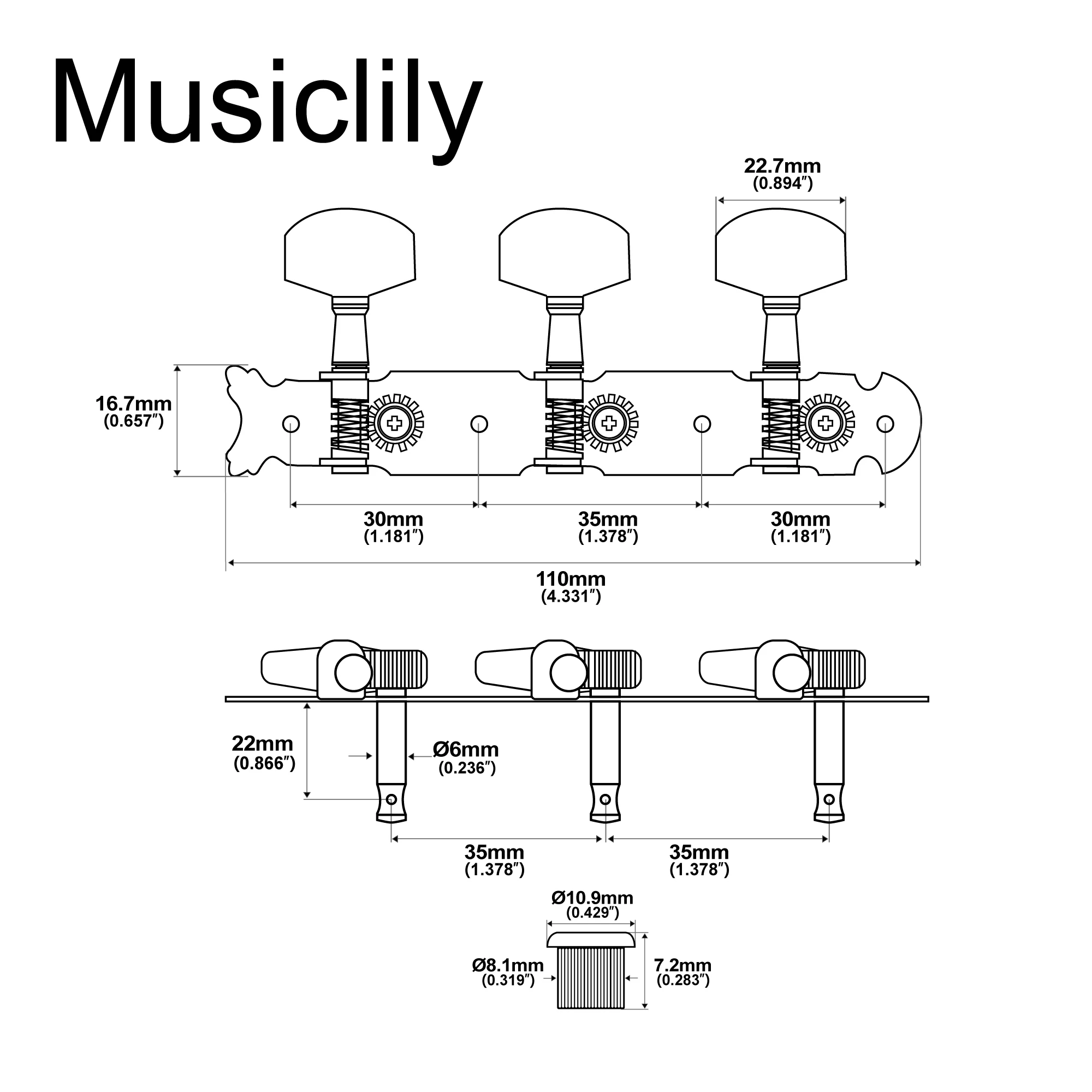 Musiclily Pro 어쿠스틱 기타 튜너 머신 헤드 튜닝 키 페그 세트, 니켈