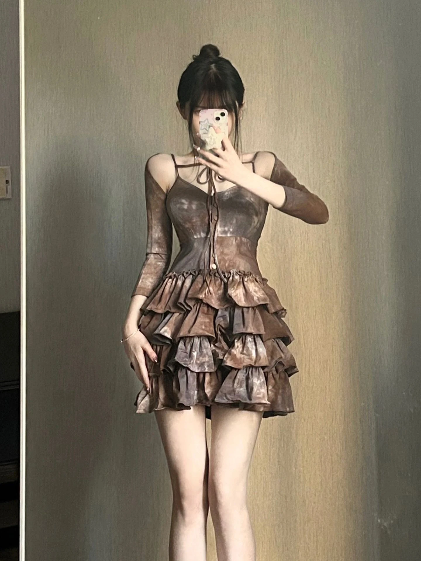 

Brown Purple Tie-Dyed Knitted Suspender Dress Women's Ballet Style Cake Dress Street Trend Retro Mini Sexy Skirt Vintage Dress