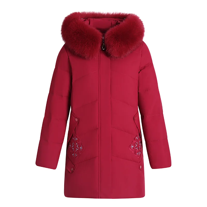 Real Fox Fur Collar White Duck Down Down Jacket Women's Medium Long Winter Clothes Middle-aged and Elderly Embroidered Loose Yrf
