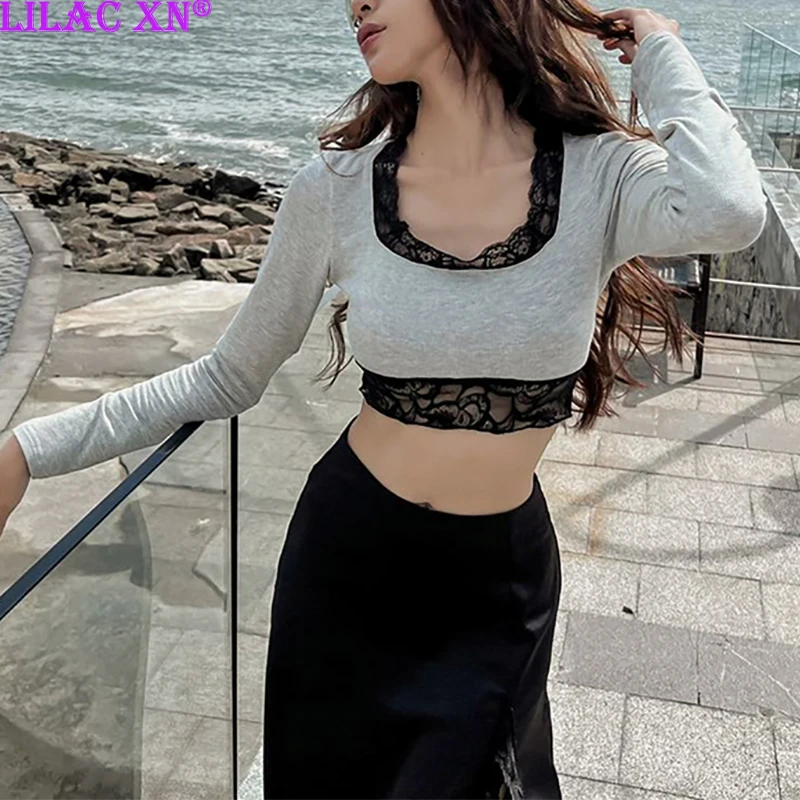 

Y2K Aesthetic Grey Lace Trim Long Sleeve Corset Crop Tops Women Korean Fashion Sexy Square Collar Slim Basic T-Shirt Blouse