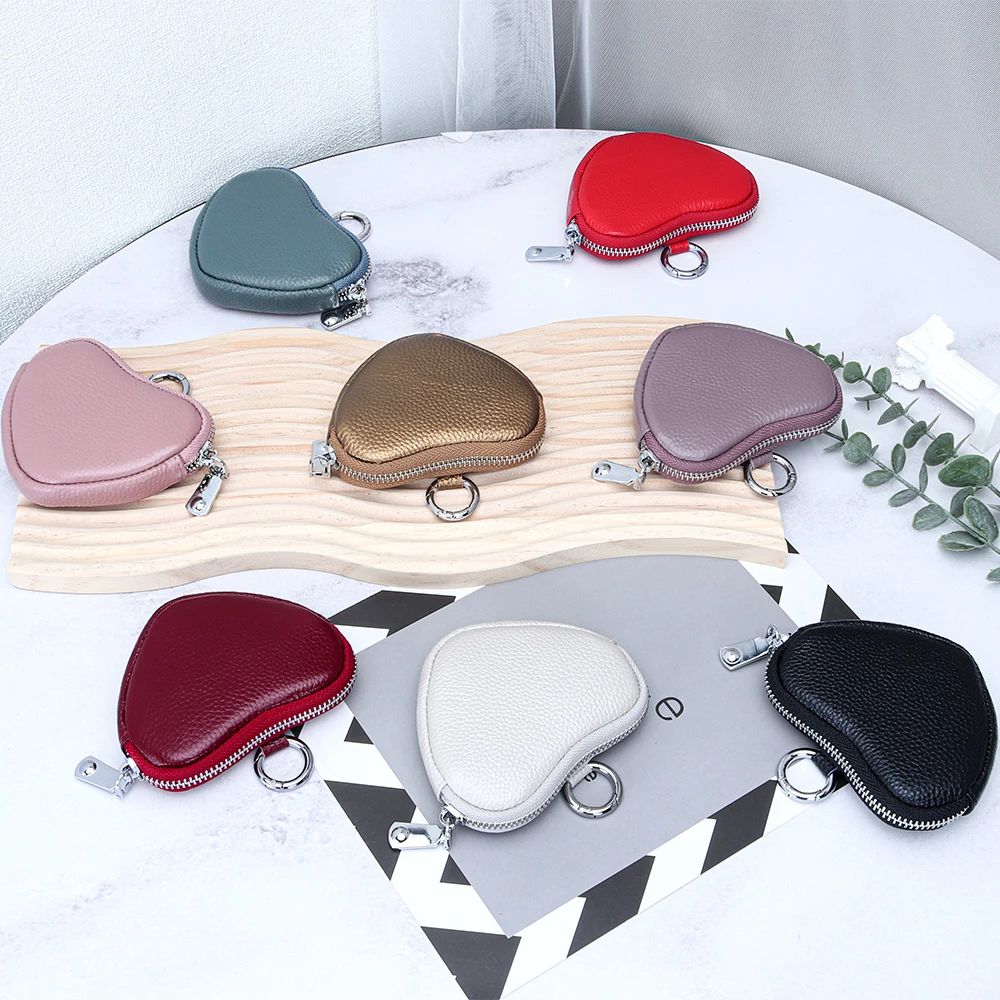 

Cute Heart Shape Coin Purse Small Organizer Bag Ladies Genuine Cow Leather Romantic Hear Card Holders Mini Wallet Women