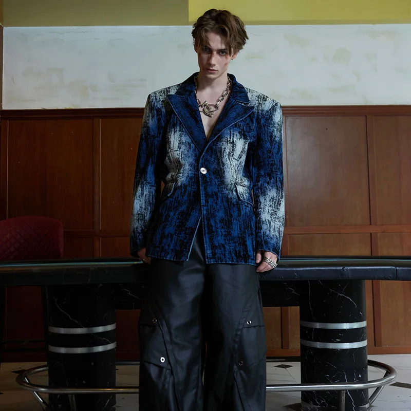 LUZHEN Tie Dye Vintage Design Shoulder Padded Suit Jacket Denim Blazer Coats Male Original Personalized Trendy Streetwear LZ5246