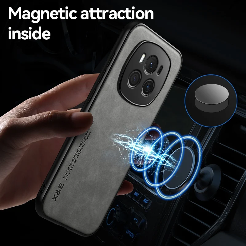 Luxury PU Leather Magnetic Car Holder Phone Case with Silicone Protection