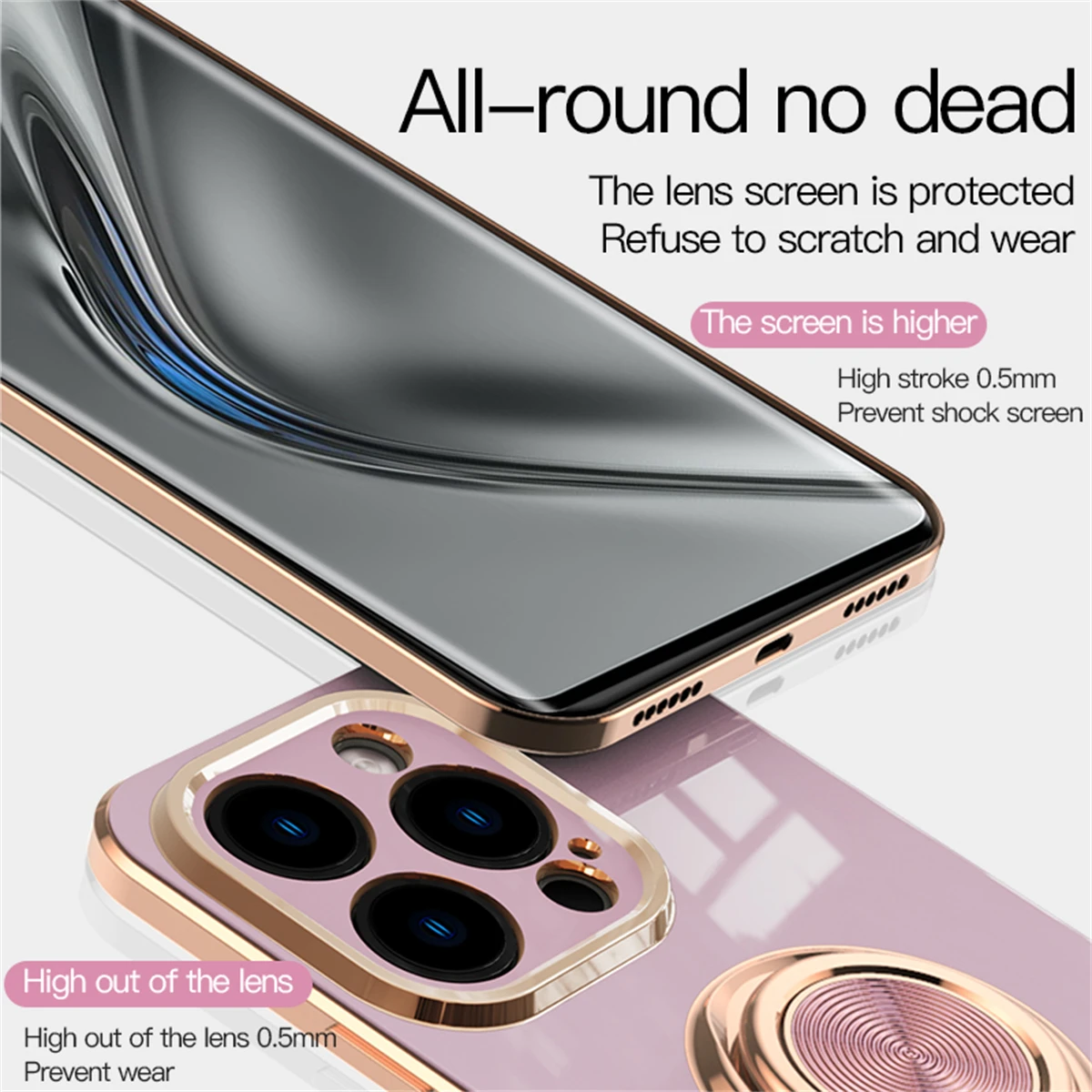 Luxury Plating Silicone Case For iPhone 15 14 13 12 11 Pro Xs Max Mini SE X XR 7 8 Plus Metal Ring Holder Stand Soft Phone Cover