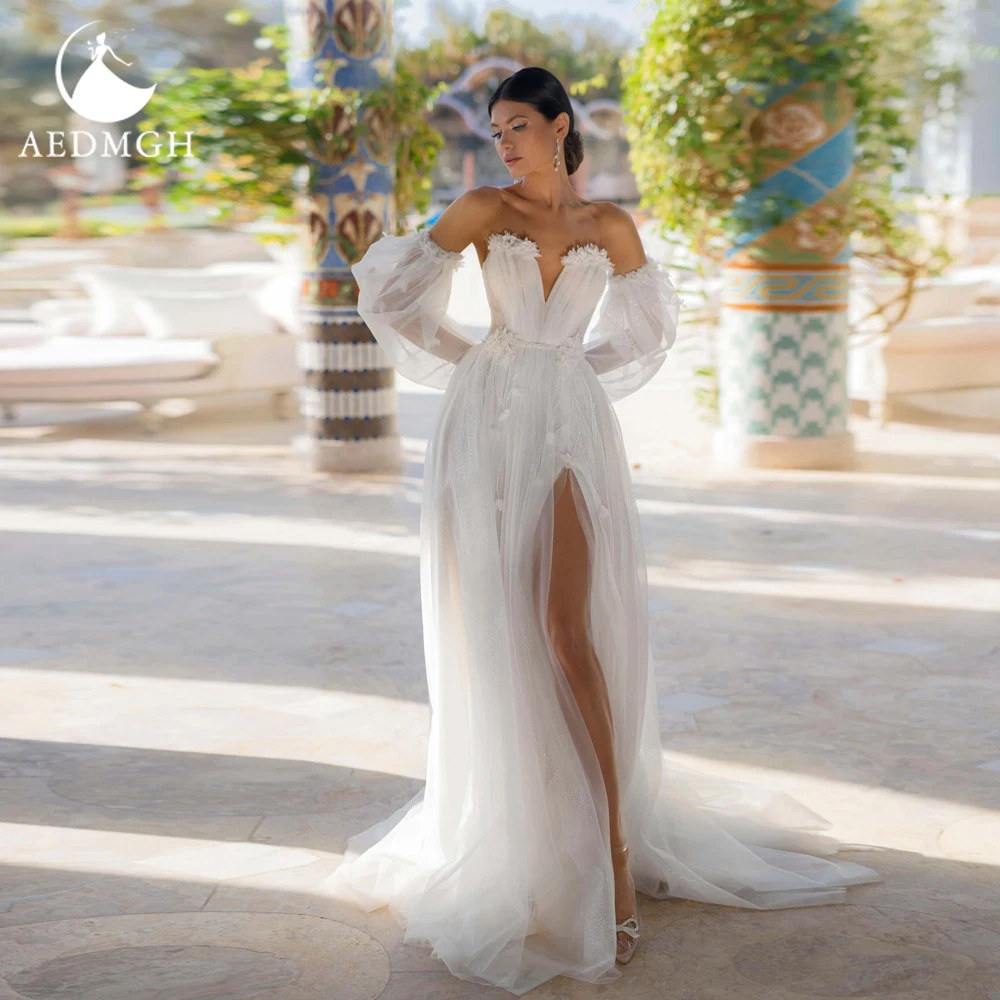 

Женское свадебное платье в стиле бохо Aedmgh, ТРАПЕЦИЕВИДНОЕ платье без бретелек со съемным длинным рукавом, модель 2024