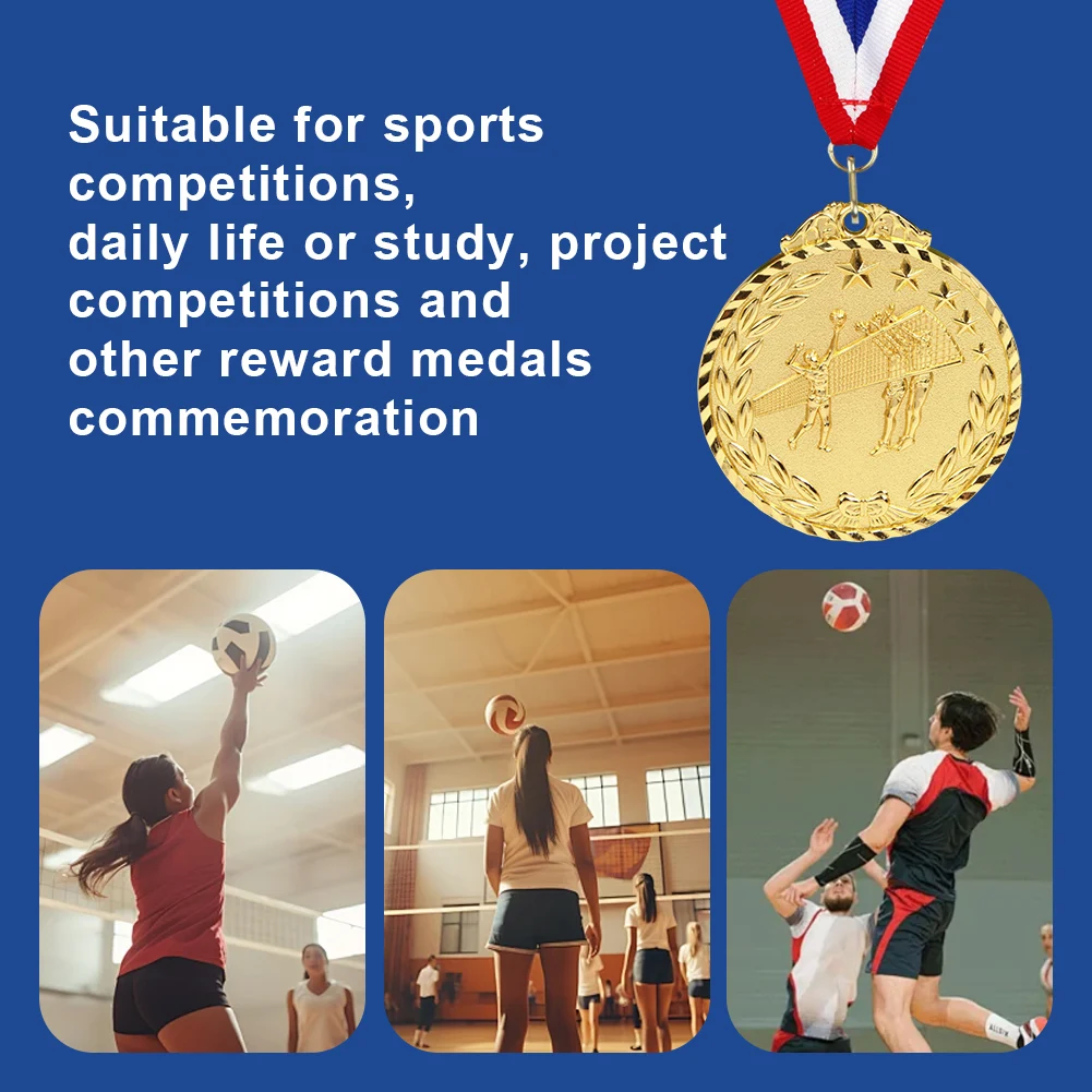 6.5cm Volleyball Medal Award Medals with Neck Ribbon Sports Rewards Gold/Silver/Bronze Medal for Marathon Ball Games