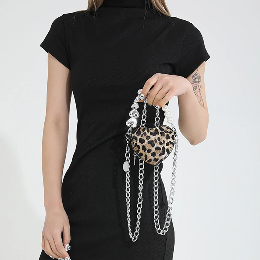 Mini Leopard Heart Shaped Handbags Pearls Chains Crossbody Bags for Women Cute Beaded Shoulder Bag Coins Purses Evening Clutch
