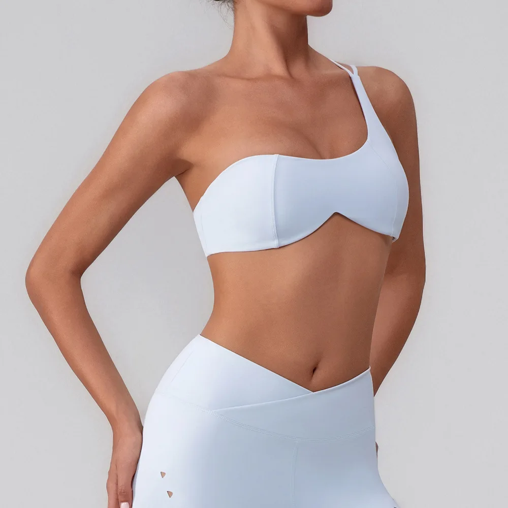 Sexy One Shoulder Sport Bra Women Gym Underwear Breathable Quick Dry Fitness Training Top with Cups Ladies Yoga Active Bra Pink