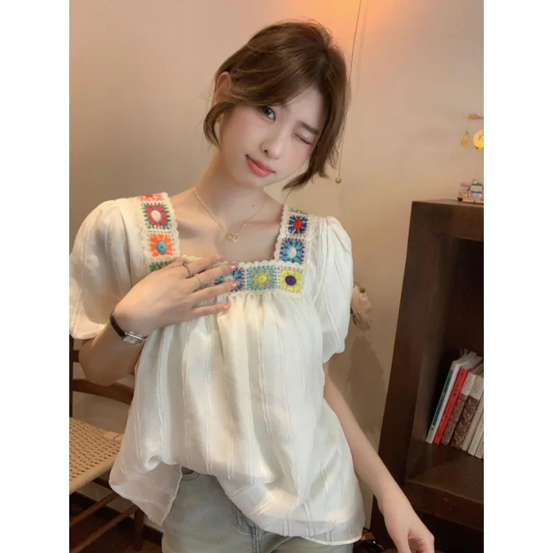 여성용 스퀘어 칼라 반팔 쉬폰 셔츠, 심플하고 루즈한, 스위트 자수, 단색, 캐주얼, 우아한 상의, 여름