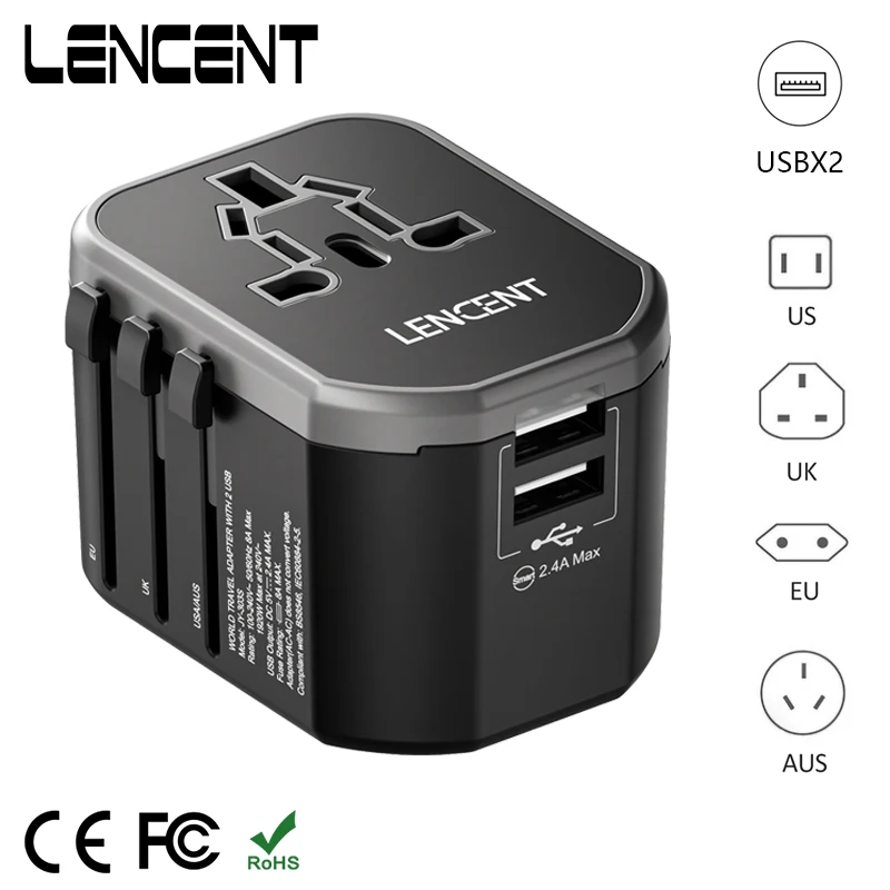 LENCENTUniversalTravelAdapterwith2USBPortsAllInOneCharger