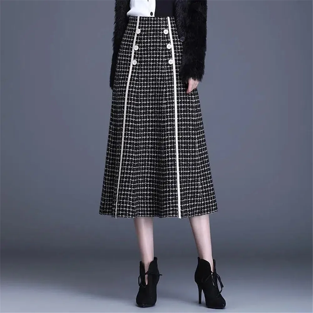 

Elegant High Waist Knitted Plaid Skirt Women Fall Winter Korean A-Line Double Breasted Sweater Skirt Ladies Fashion Midi Saia