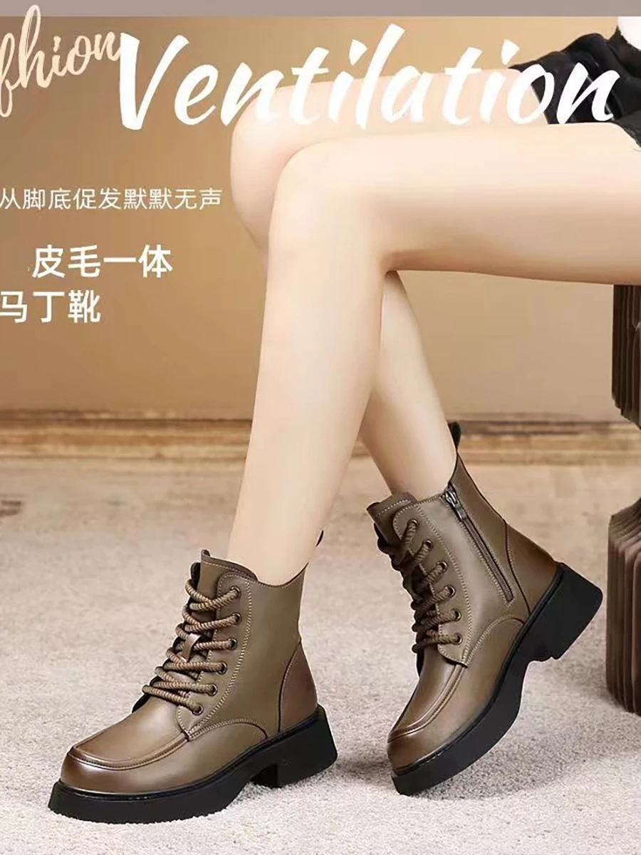 

Зимние ботинки из искусственной кожи и меха, зимние короткие ботинки на толстой подошве, Нескользящие женские ботинки-мартинсы