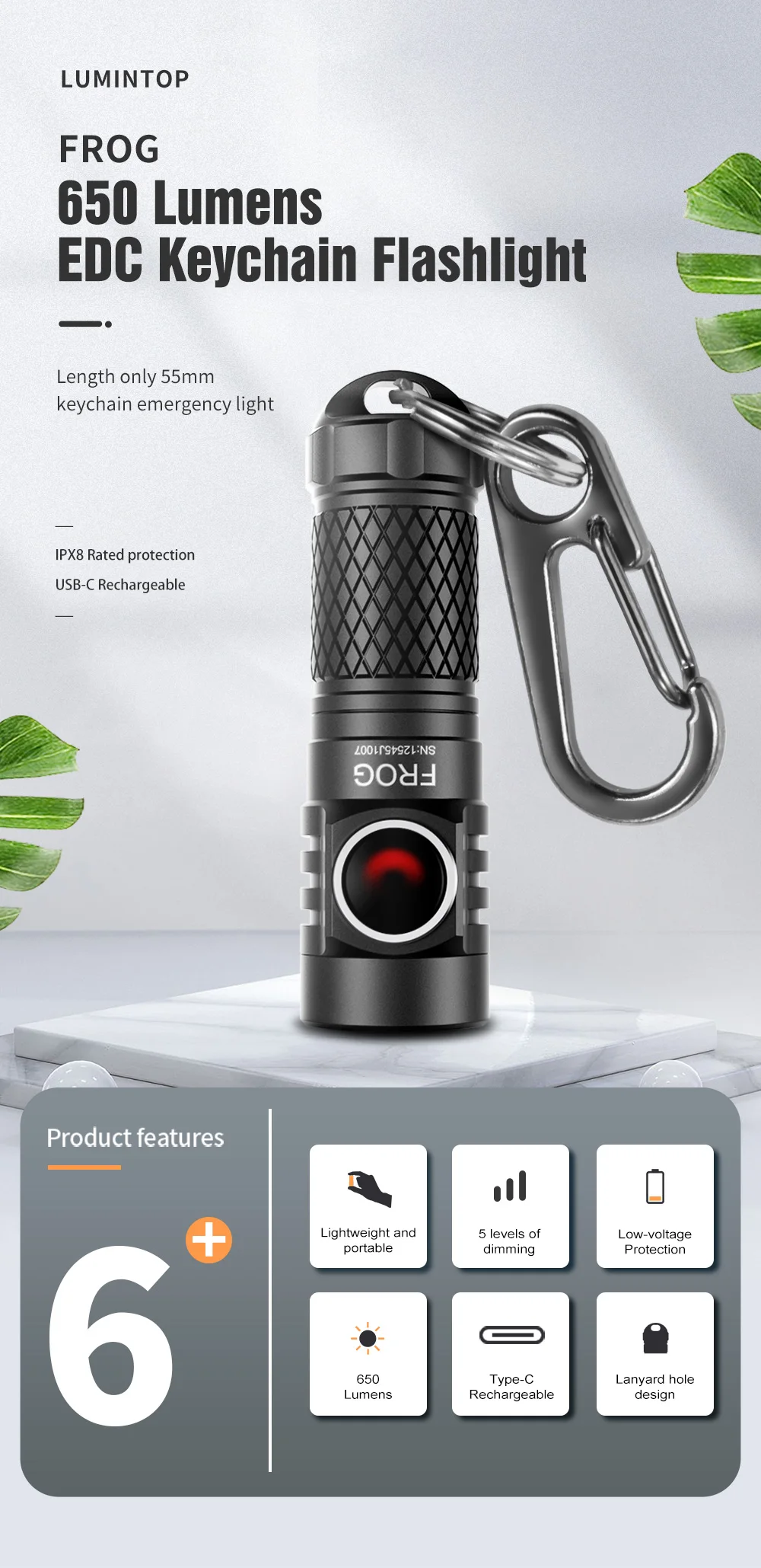Description Picture 2 of itemEDC LED Rechargeable Lamp Fishing Flashlight USB C Outdoor Camping Lantern Keychain  10280/10440 Battery High Power Torch Frog