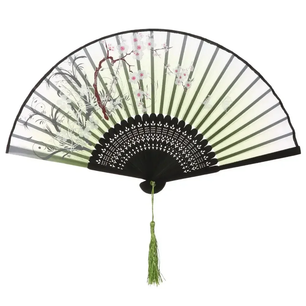 Elegant Silk Vintage Folding Fan with Colorful Tassel - Bamboo Hand Fan for Classical Dance and Home Decor