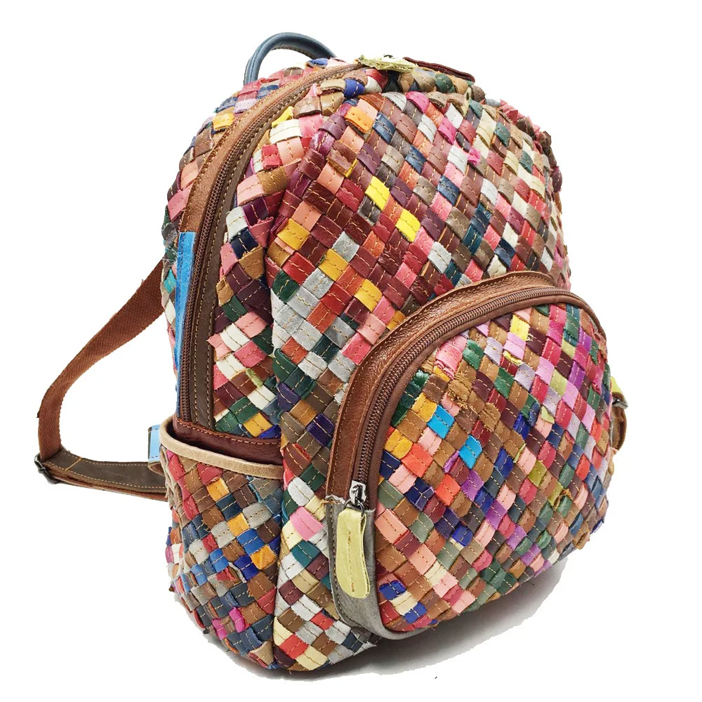 Annmouler Vintage Women Backpack Genuine Leather Daypack Large Capacity Rucksack for Women Cow Leather Weave Bag 2