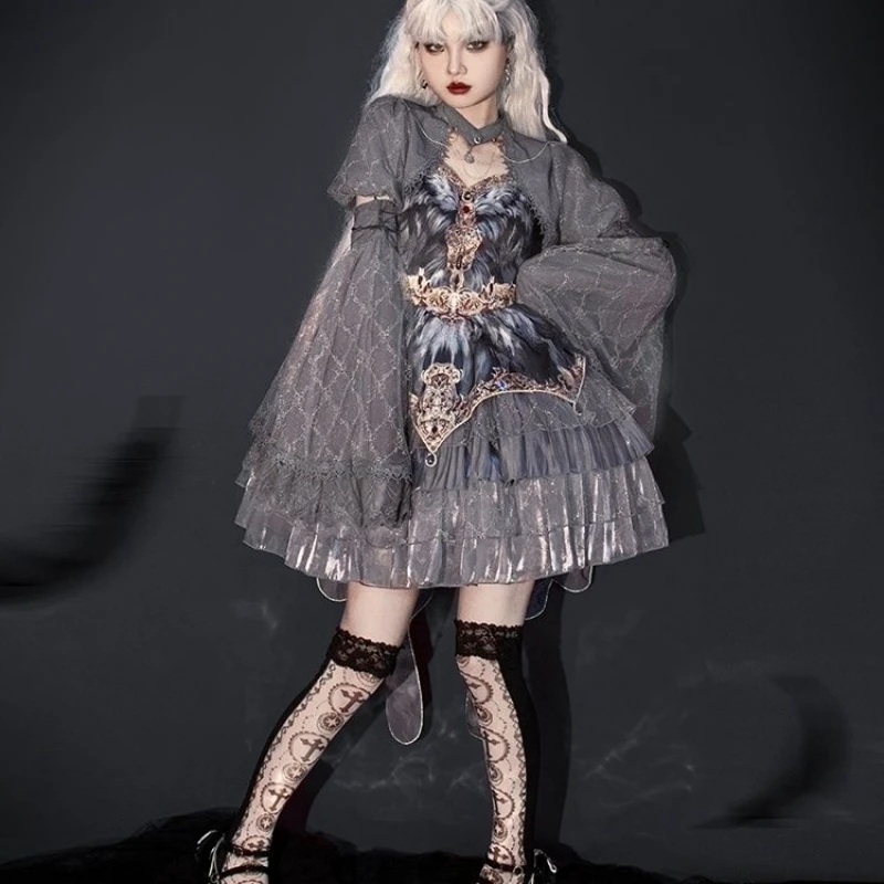Japanese Victorian Vintage Lolita Halter Dress Women Gothic Style Harajuku Y2k Grey Layered Cake Dresses Girls Kawaii Cute Dress lolita dress lolita cosplay costumes
