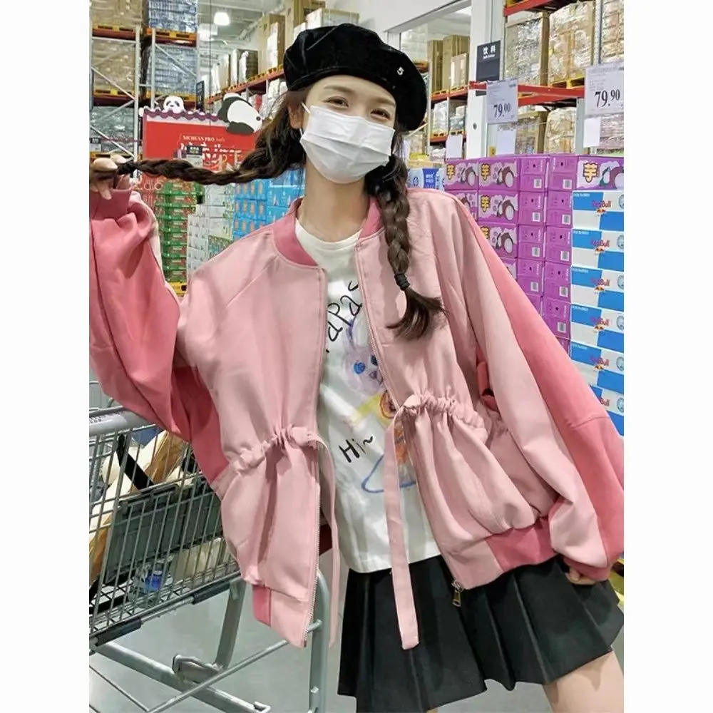 

HOUZHOU Pink Y2k Bomber Jacket Women Oversize College Wrap Jackets Japanese 2000s Style Aviator Coats Vintage Aesthetic Outdoor