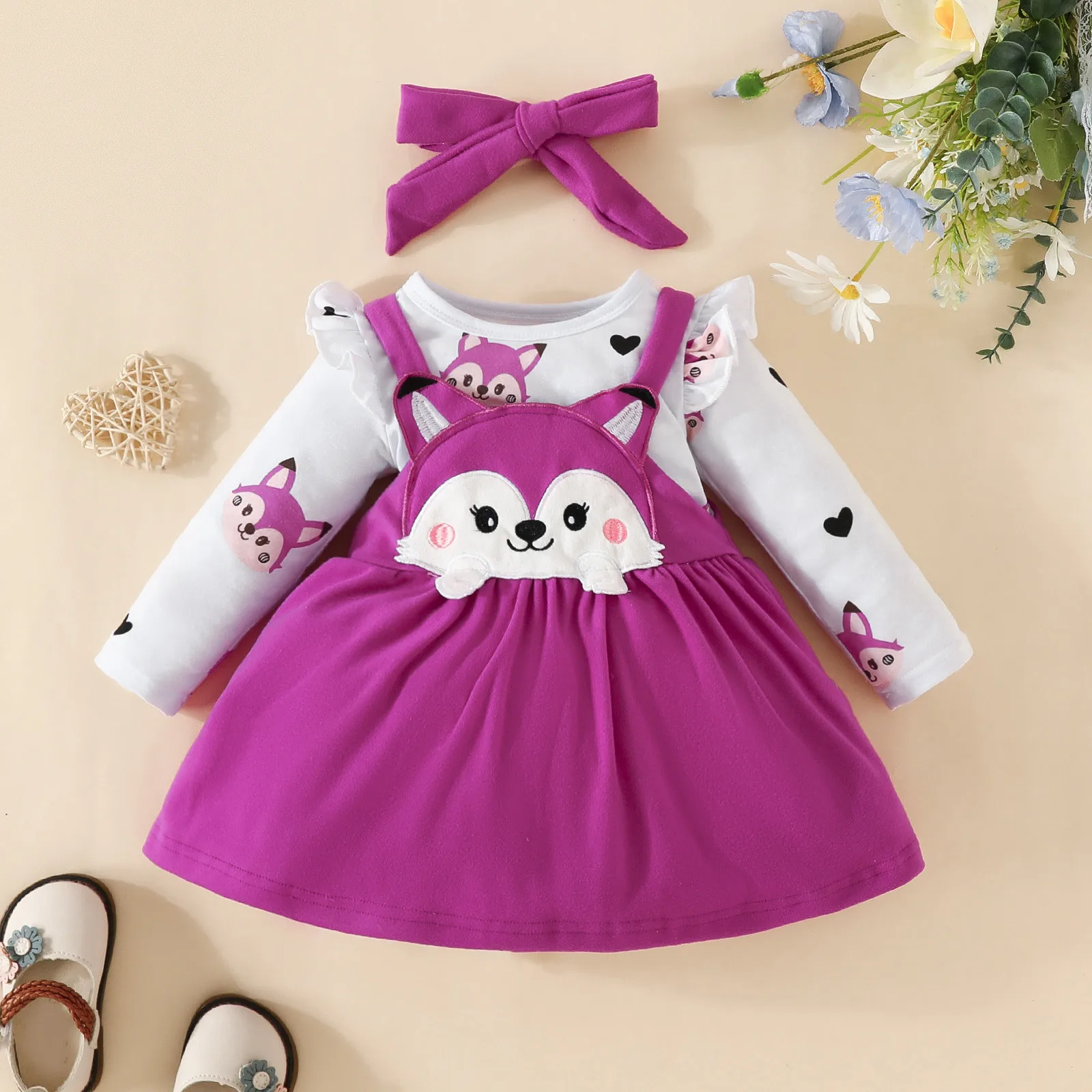 

Infant Toddler Girls Long Sleeve Cartoon Print Romper Bodysuits Suspenders Skirts Bow Tie Headbands Outfits