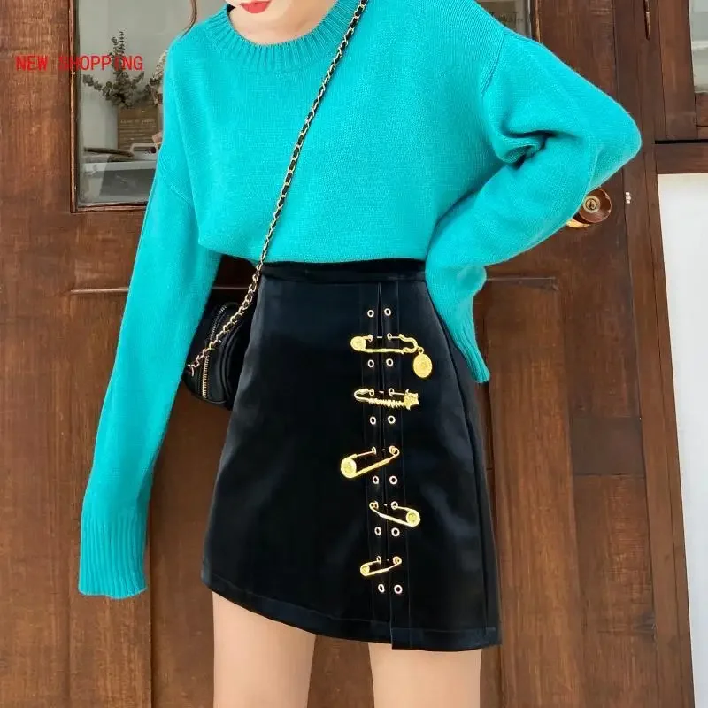 Fashion Gothic Punk PU Leather Skirts Women Vintage Mall Goth Black Pin A-line Skirt Female High Waist Hip Mini Skirt Harajuku gothic punk leather y2k belt for women men metal buckle waist strap designer luxury female jeans trouser decorative waistband