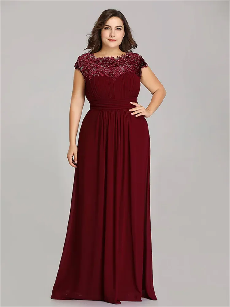 

A-Line Mother of the Bride Dress Plus Size Jewel Neck Floor Length Chiffon Short Sleeve with Lace Ruching Elegant Women's Dress