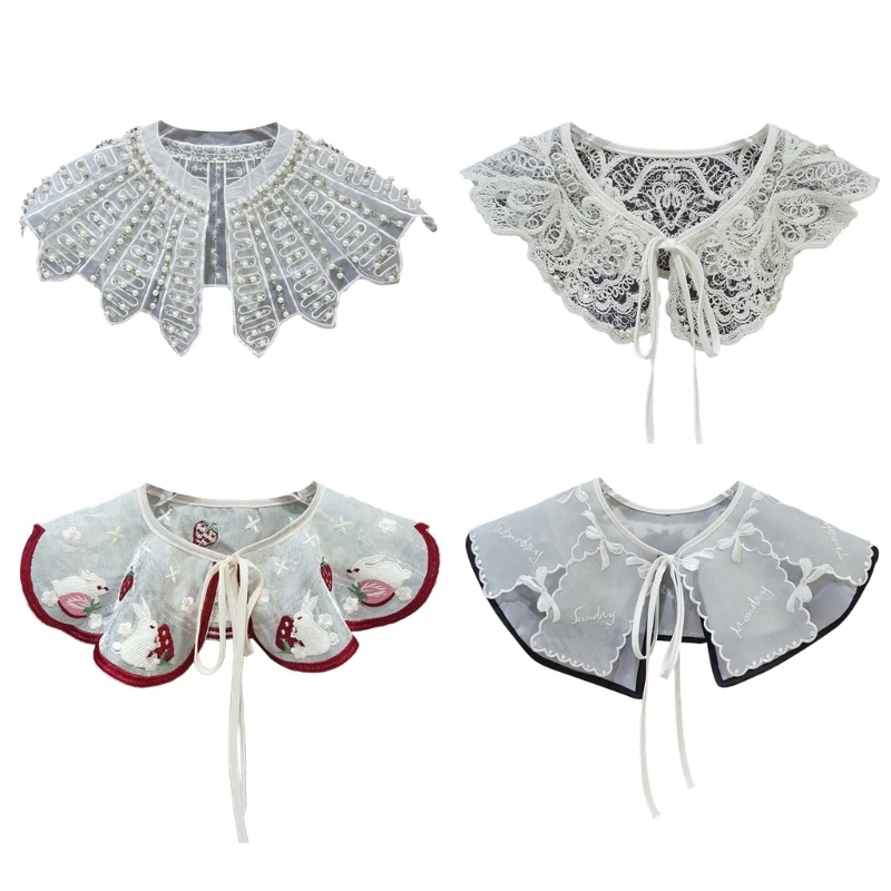 

Women Organza Embroidery Detachable Fake Collar Scarf Elegant Rhinestones Pearl Beading Bowknot Shawl Wrap Capelet