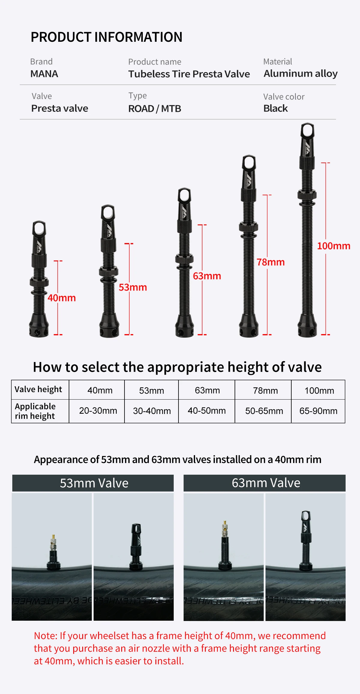 Description Picture 4 of itemMANA 1Pair 40/53/63/78/100mm Bicycle Presta Valve Aluminum Alloy Valve For Tubeless Road/MTB/Gravel Bike-ELITEWHEELS Uses Valve