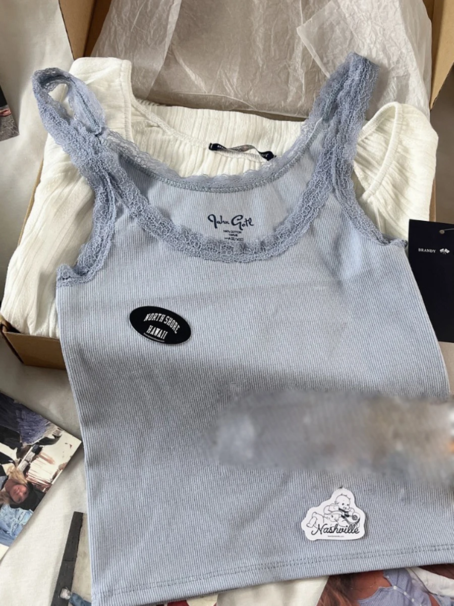 

Женский винтажный топ с кружевной отделкой, голубой ребристый жилет, Новая повседневная Уличная одежда, облегающий сексуальный хлопковый жилет без рукавов, милые шикарные майки Y2K