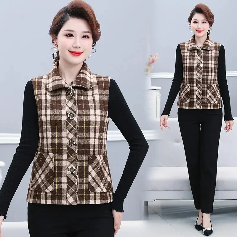 

Весна-осень, новинка, пальто без рукавов, клетчатый шерстяной жилет, куртка для женщин среднего возраста, для мам, в западном стиле, модный жилет, топы для дам