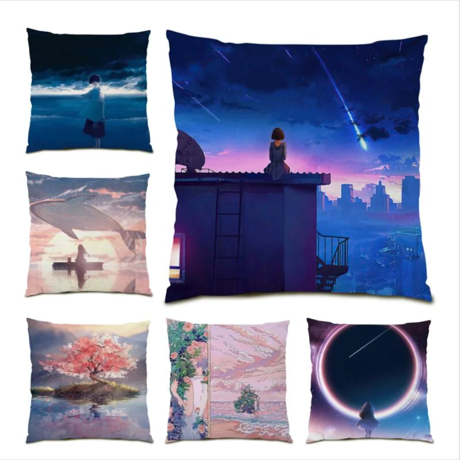 

Japanese Pillowcase Home Decor Anime Kawaii Girl Living Room Decoration Cushion Cover 45x45 Cartoon Poster Cute Velvet New E0853