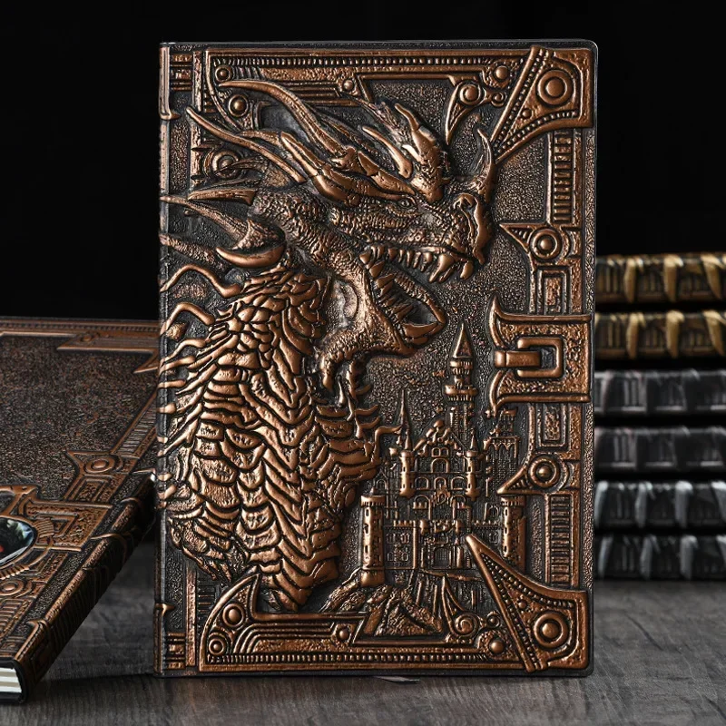 

Vintage Notebook Embossed Dragon Dinosaur Cover Imitation Leather Metal Three-Dimensional Pu Material Notepad Diary Student Gift