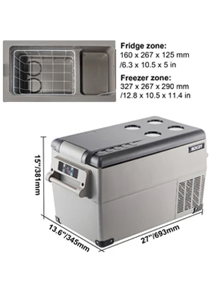 VEVOR portable refrigerator with dimensions and fridge/freezer zones displayed.