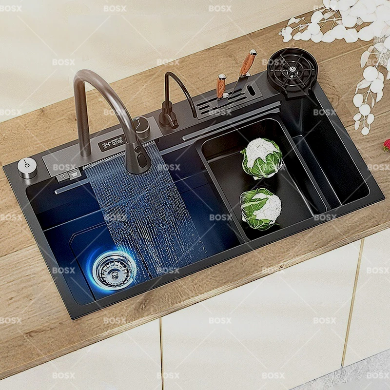 Stainless Steel Kitchen Sink With Waterfall Large Single Slot Dishwashing Multifunctional Sinks Home Improvement Left Drainage