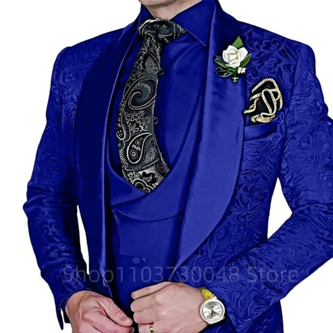 Fashion Jacquard 3-Piece Men's Tuxedo Suit with Shawl Lapel Slim Fit Blazer Vest Pants for Business Wedding Prom Party