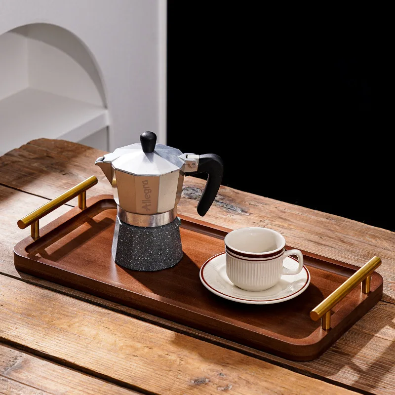 Wooden Tray with Golden Metal Handle for Water Cup Fruit Food Bread Sundries Serving Tray Household Organizer 4