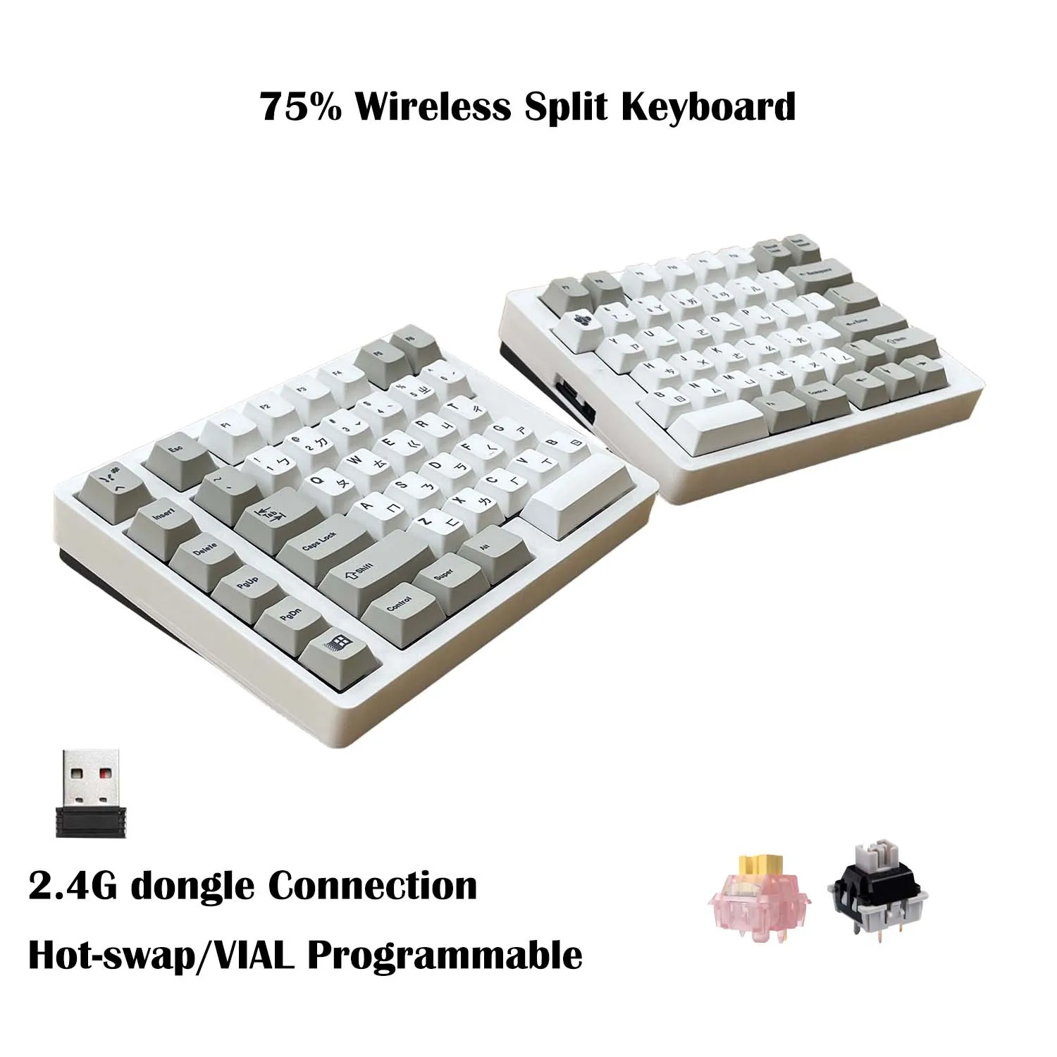 75% 레이아웃 분할형 인체공학적 기계식 키보드 |   PETG 케이스, 2.4G 무선 동글 연결, 핫스왑 가능, VIAL 프로그래밍 가능