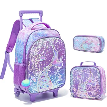 3PCS Kids Rolling Backpack for Girls Cute Mermaid Sequin Wheeled Backpack Trolley School Bag with Wheels Elementary Book bag 1