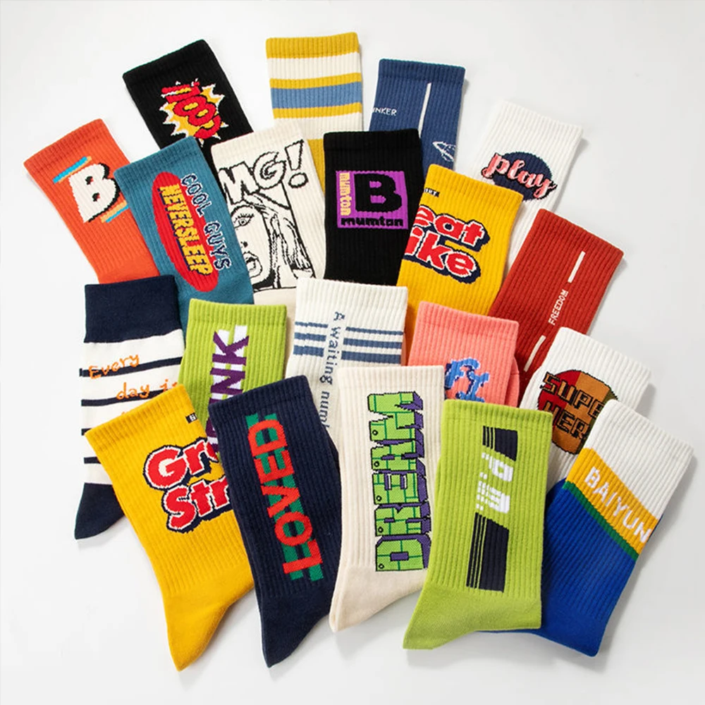 New Men Fashion Fun Socks 5Pairs Harajuku Unisex Basketball Hip Hop Happy Skateboard Cool Girl Sports Crew Cartoon Pattern Socks