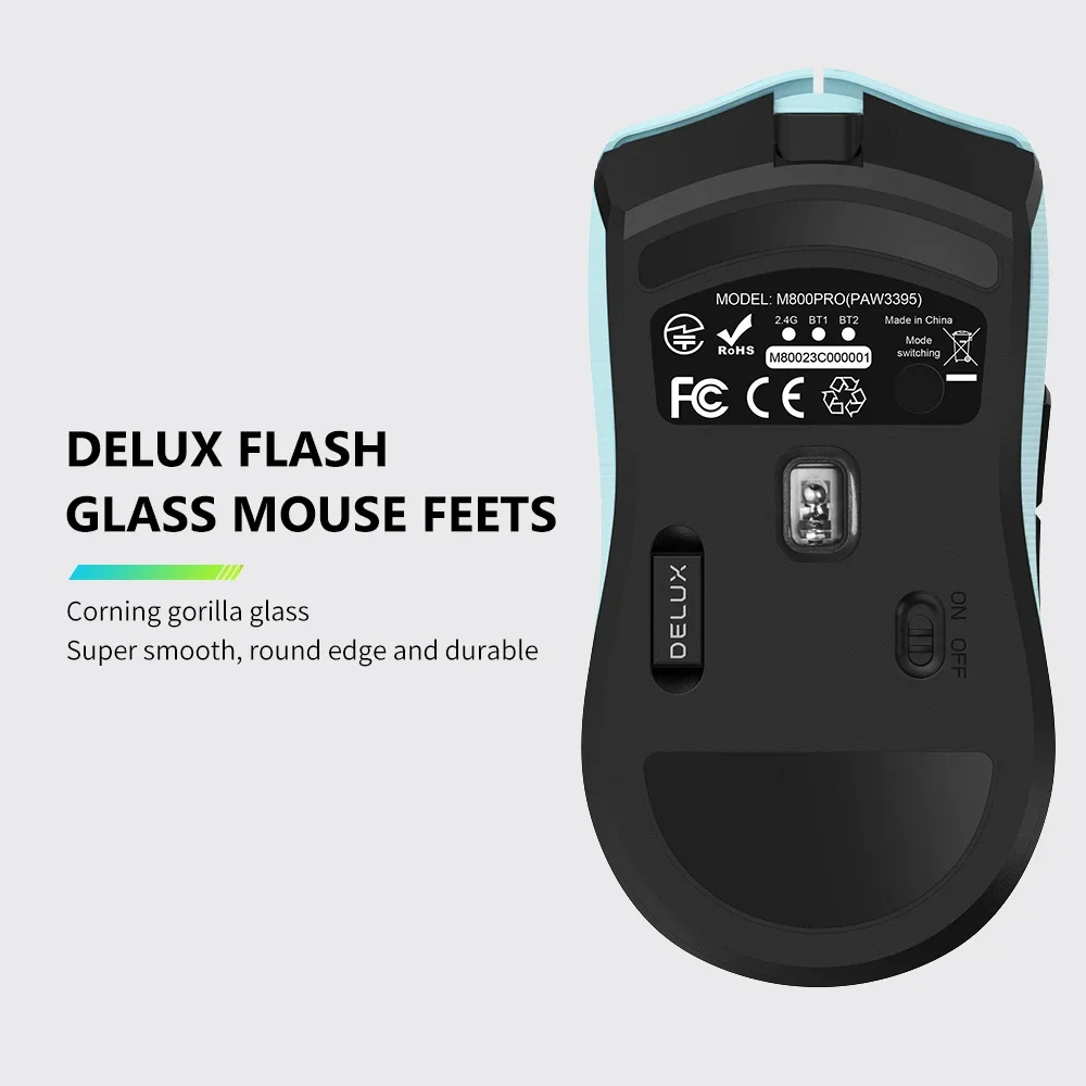 Delux M800PRO Gaming Mouse Wireless Tri-Mode Connection PAW3395 26000DPI 6 Programmable Buttons Macro Colorful Mice for PC Gamer