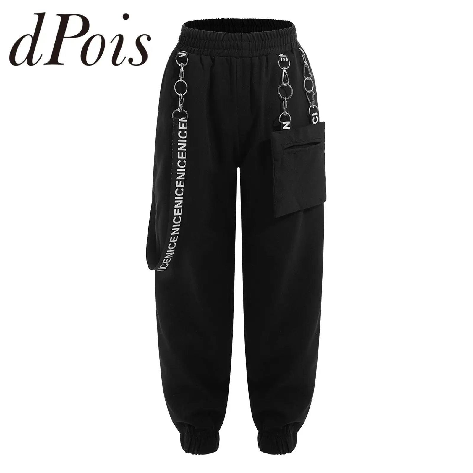 

Kids Girls Sports Pants Jazz Dance Costume Metal Chain Elastic Waistband Sweatpants Childs Hip Hop Pants Modern Dancing Clothes