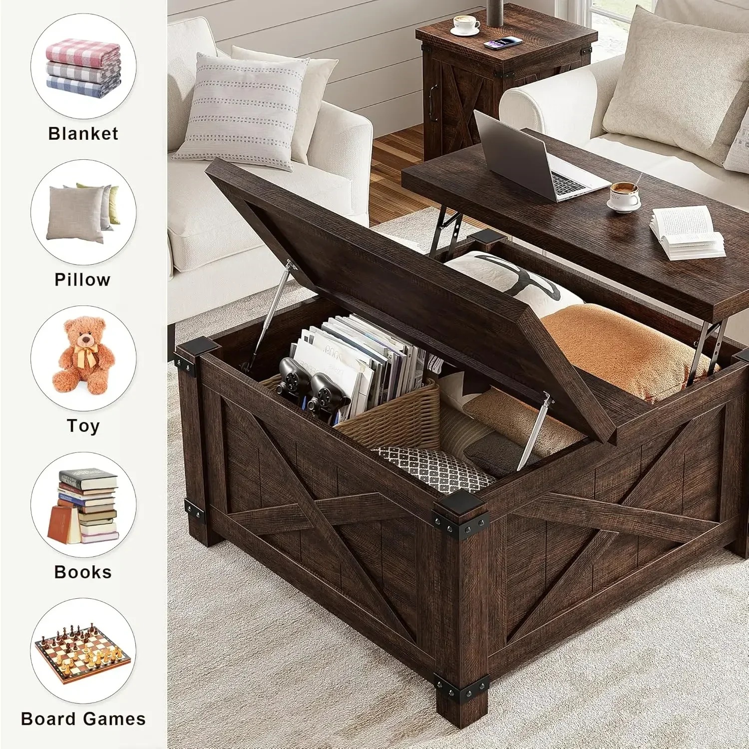 Farmhouse Coffee Table with Storage,Wood Center Table with Flip-Top Lids, Coffee Tables with Hinged Lift Top, Brown 4