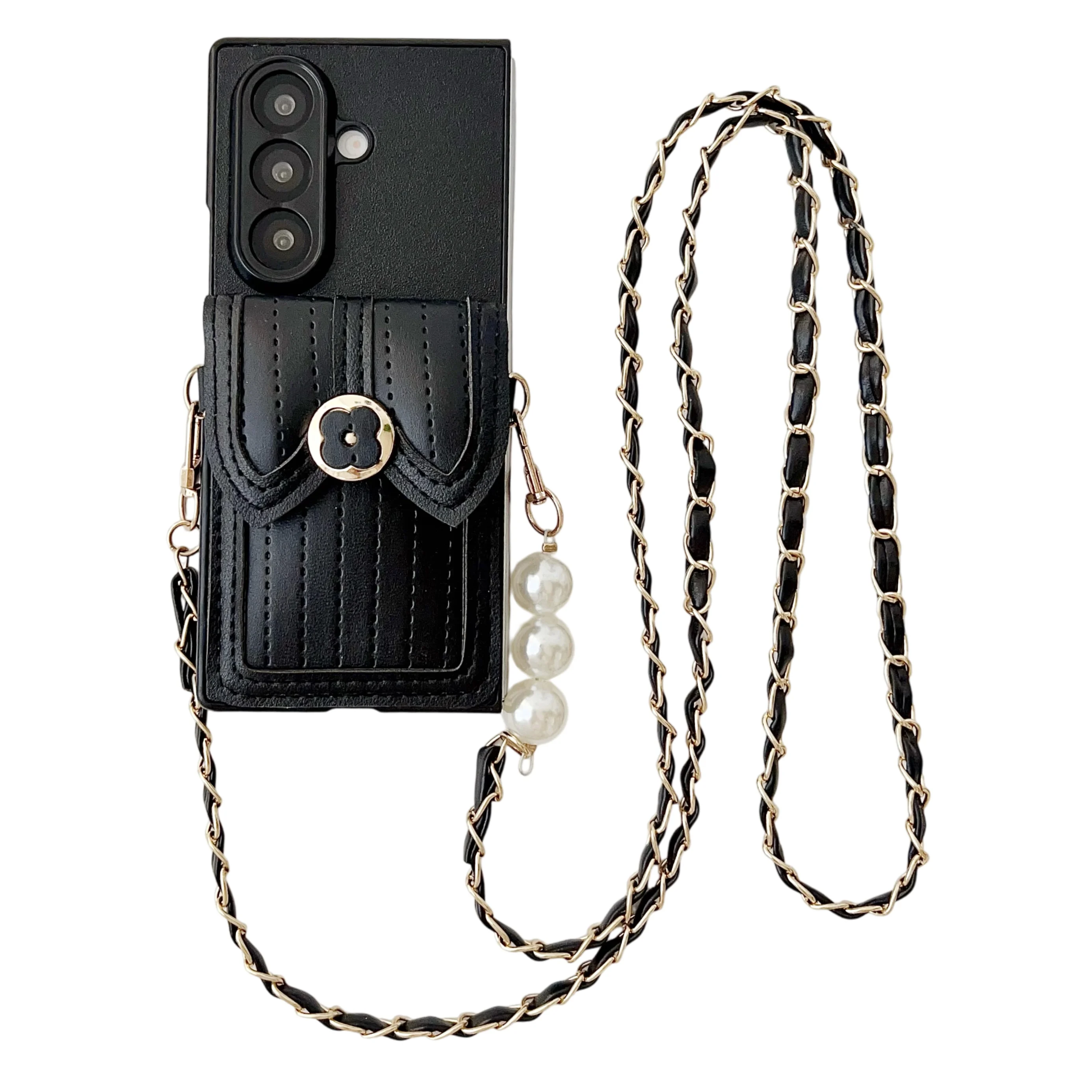 Luxury Pearl Rope Crossbody Leather Card Holder Case – High-End Protective Shell