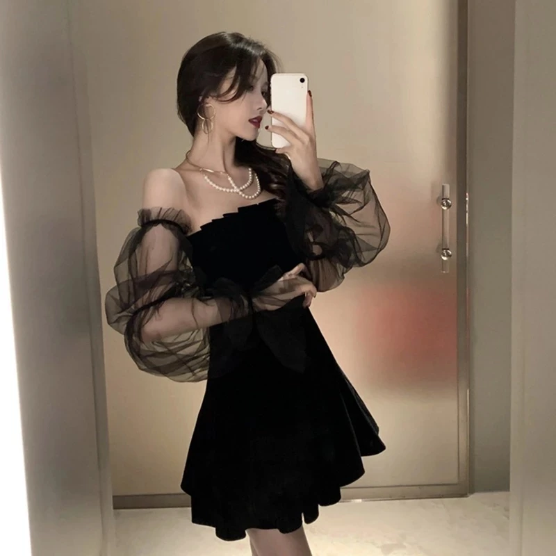 

Fashion Woman Strapless Waist Puffy Black Dress Sexy Mesh Spring &Autumn Women Dress Stitching Bubble Sleeve Dresses vestidos