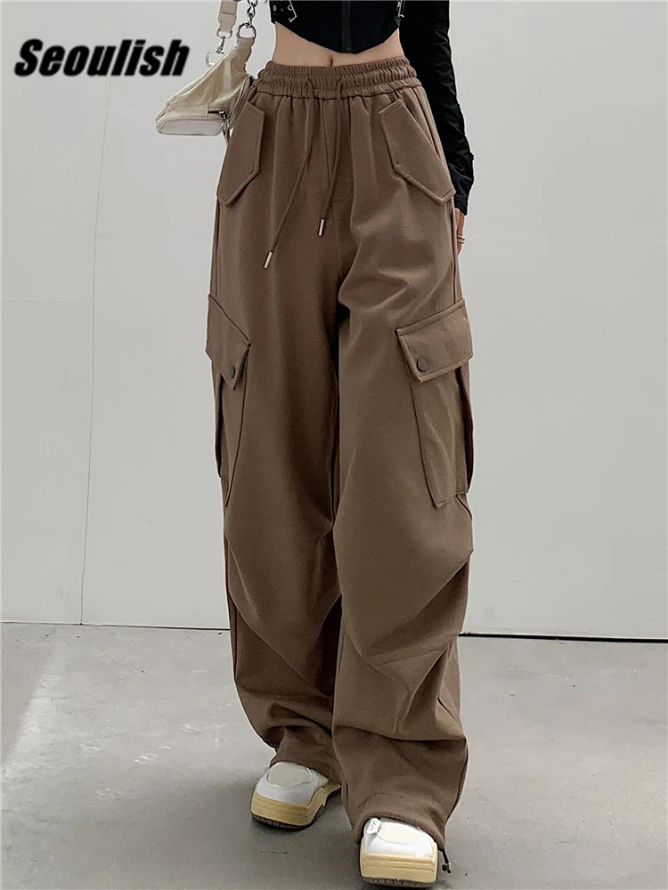 

Seoulish 2023 Новые осенне-зимние повседневные свободные брюки-карго с высокой талией, винтажные Красные спортивные брюки со шнуровкой и широкими штанинами, женские карманы